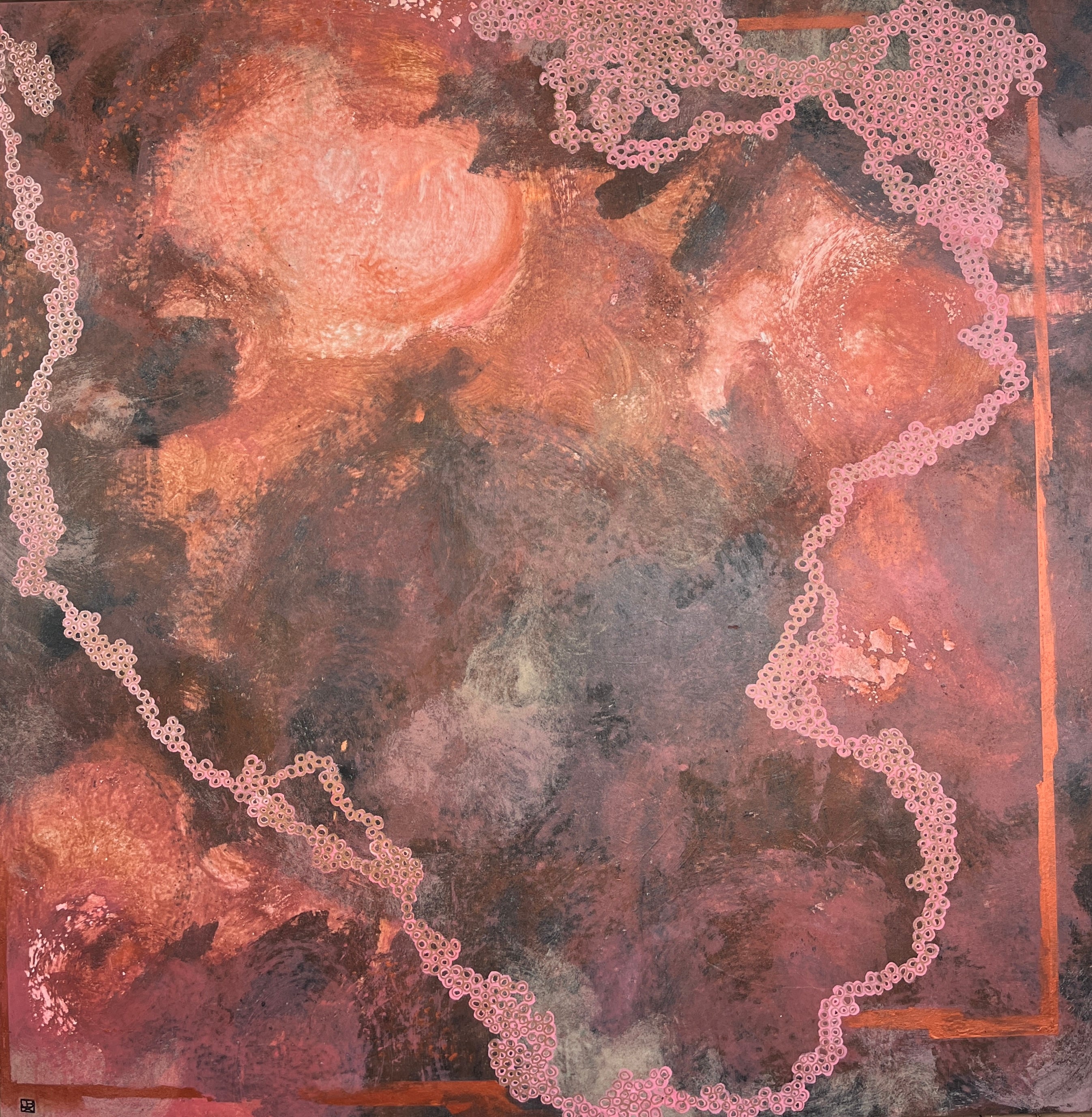 Ostracisées, large contemporary abstract painting by Janet Besançon with layered pink, earthy brown and black natural pigments, textured surfaces and Australian healing clay.