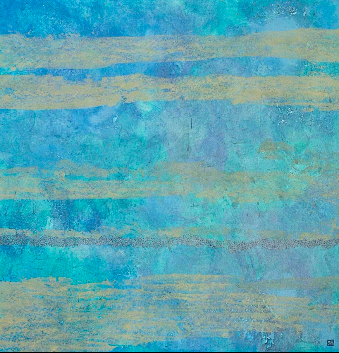 Large abstract blue painting by Janet Besançon made with French natural pigments and sand collected on Gumbaynggirr Country, inspired by shifting coastal dunes and the search for calm.
