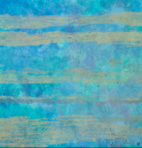 Large abstract blue painting by Janet Besançon made with French natural pigments and sand collected on Gumbaynggirr Country, inspired by shifting coastal dunes and the search for calm.