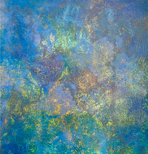 Large original abstract painting by Janet Besançon, From Chagall to My Heart, created with natural pigments from Champagne, Gumbaynggirr Country and Australian healing clay.