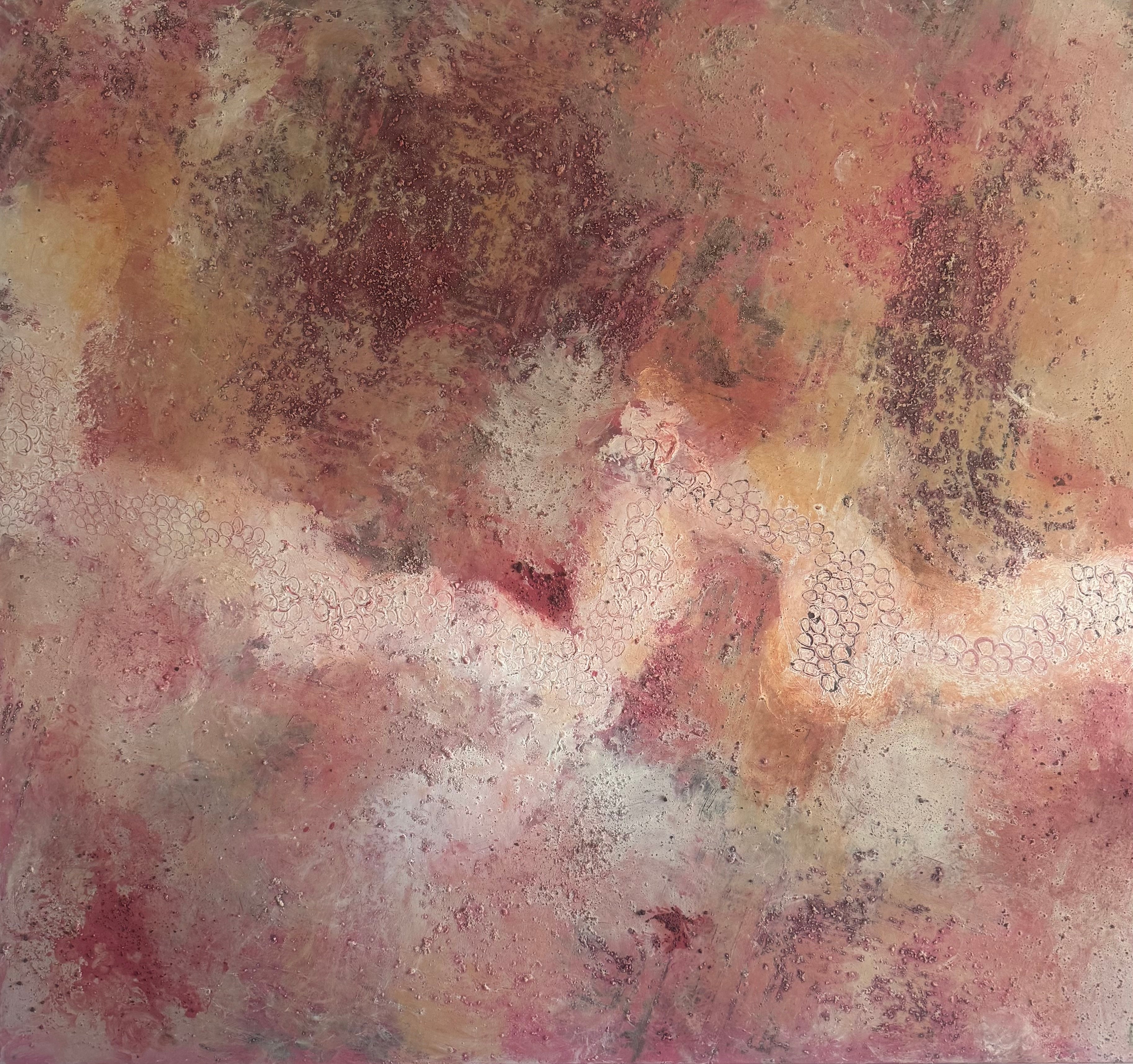 Knowledge in Mission, original abstract painting by Janet Besançon, Australian healing clay with natural pigments from Gumbaynggirr Country, France and Spain, inspired by cultural encounter and healing.