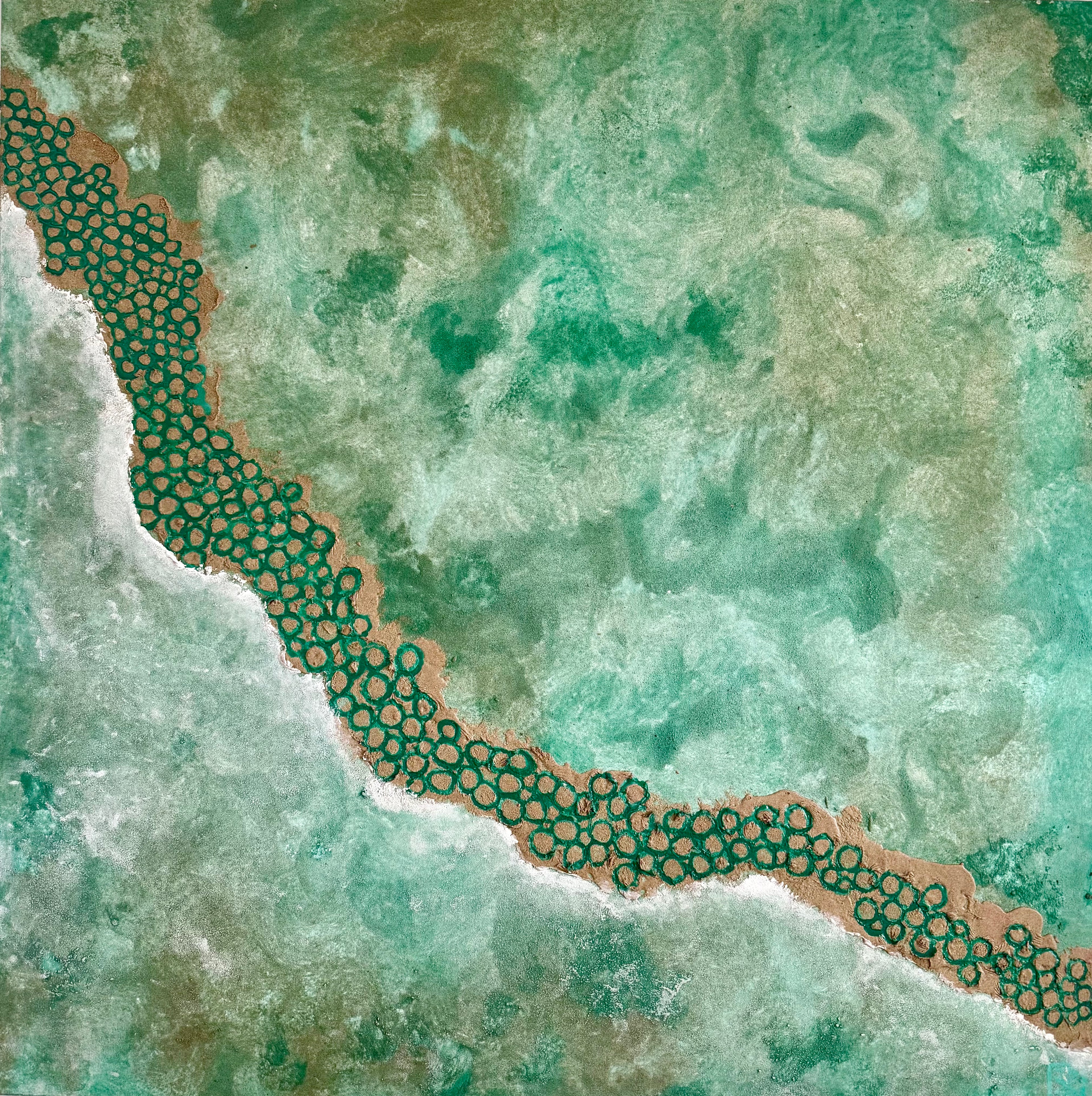 Large original abstract painting by Janet Besançon with French natural pigments, Gumbaynggirr sand and Australian healing clay, inspired by the ocean, coastal landscape and human connection.