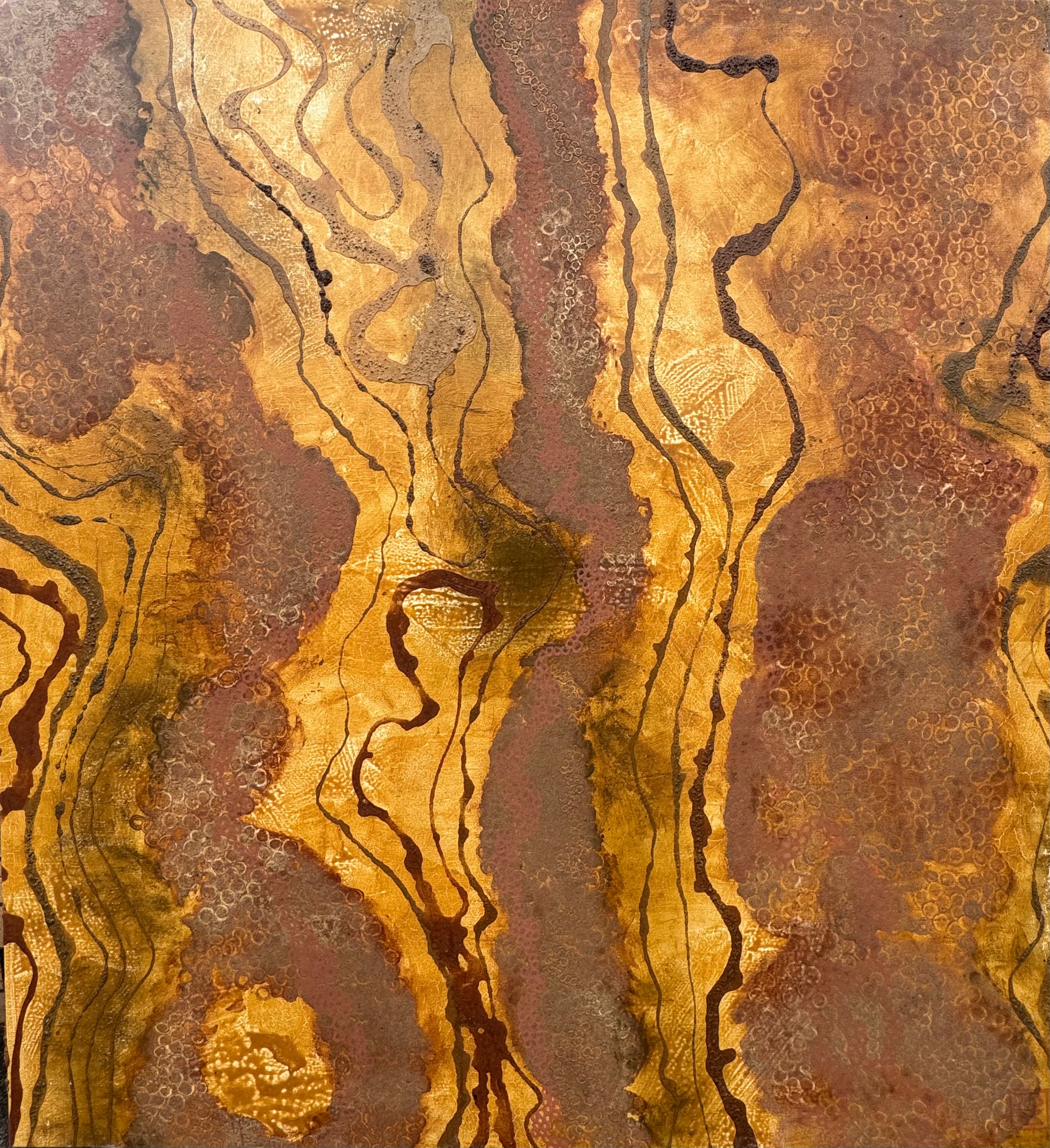 Honey and Earth by Janet Besançon, large abstract painting with French, Italian and Gumbaynggirr natural pigments, Australian healing clay, layered earth tones and gold textures inspired by landscapes.